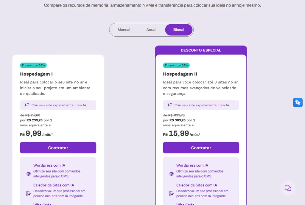 Planos de hospedagem na página oficial da KingHost