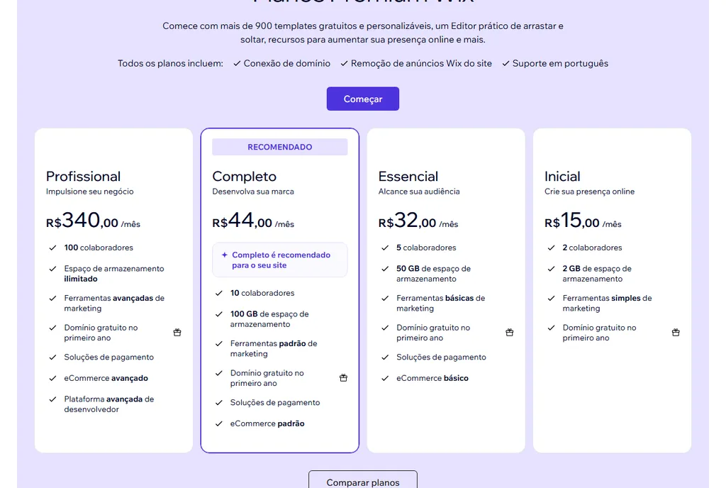 Planos Premium na página oficial de preços do Wix