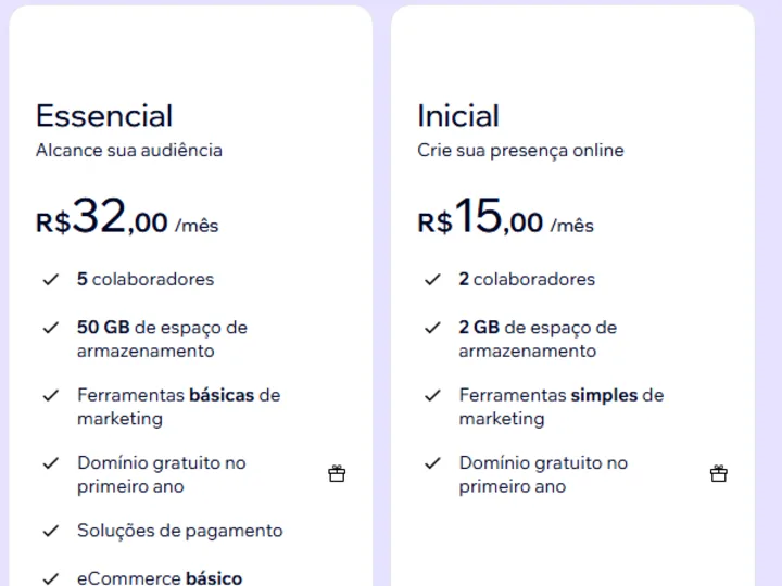 Planos Essencial e Inicial na página oficial de preços do Wix